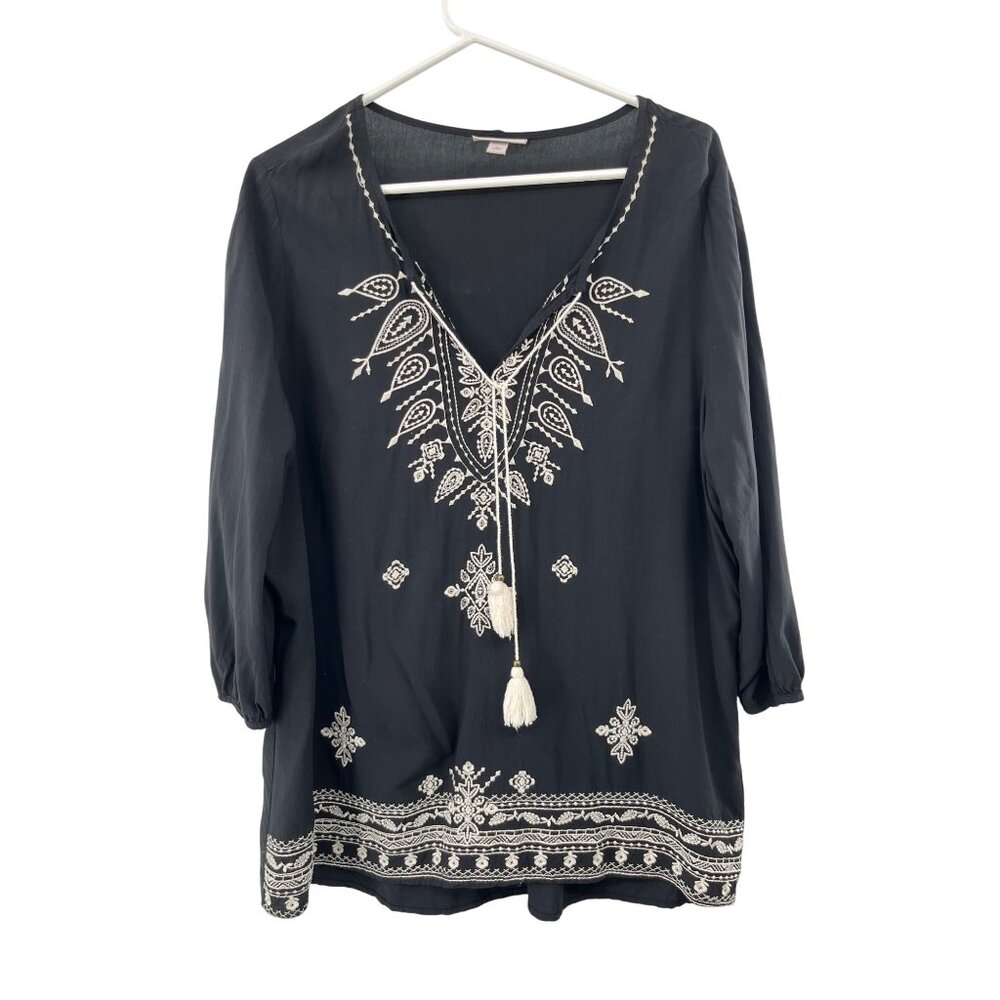 CB Tunic Top/Swim Cover-Up Womens L Black With Beige Embroidery Long Sleeves & T